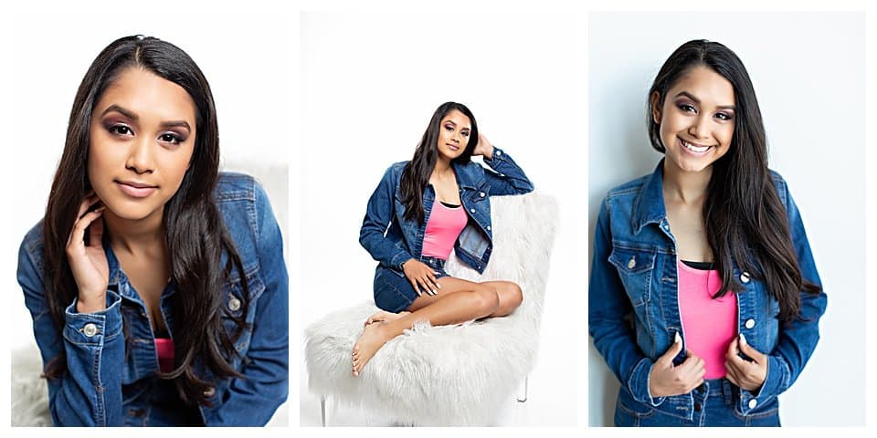 Girl in denim jacket in studio photo shoot