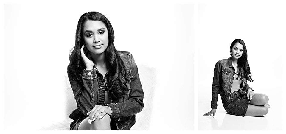 Girl in denim jacket in studio photo shoot black and white