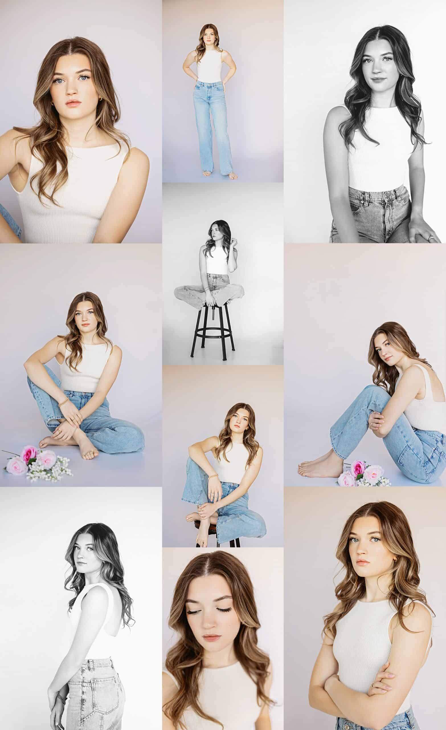 A collage featuring a young woman with long, wavy hair wearing a white sleeveless top and light blue jeans. The series captures her in various poses, both seated and standing, with soft and confident expressions. Some shots are in black and white, while others are in color, showcasing her elegance and versatility. A few images feature floral elements, adding a delicate touch to the composition.