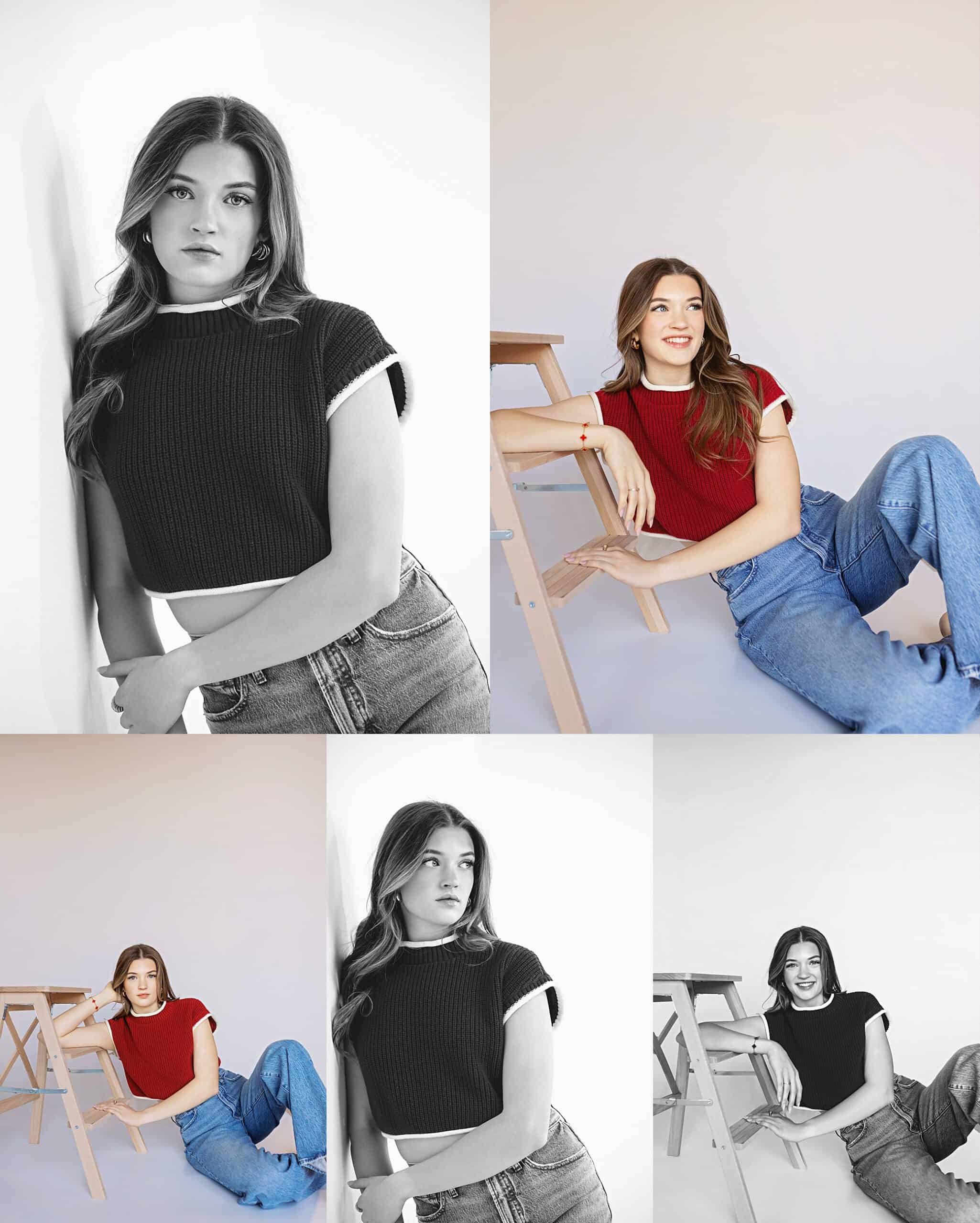 A collage featuring a young woman with long, wavy hair wearing a red short sleeve top and light blue jeans. The series captures her in various poses, both seated and standing, with soft and confident expressions. Some shots are in black and white, while others are in color, showcasing her elegance and versatility. A few images feature floral elements, adding a delicate touch to the composition.