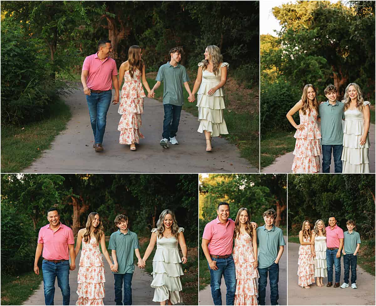 A family poses for a photo in the park.